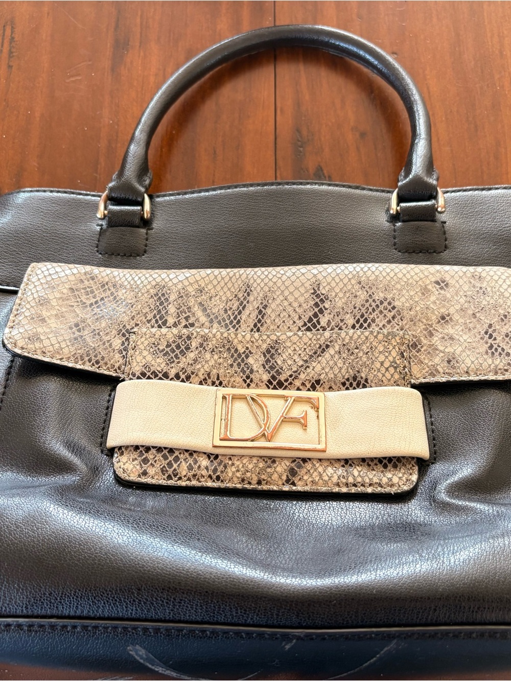Diane Von Furstenberg Black Leather Satchel with Beige Snake-Print Flap